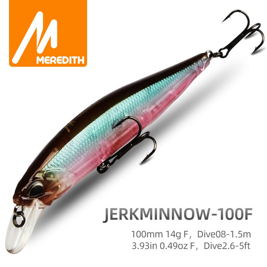 Mrerdith jerk minnow 100f 14g flutuante wobbler isca de pesca 24 cor minnow isca dura qualidade profissional depth0.8-1.0m