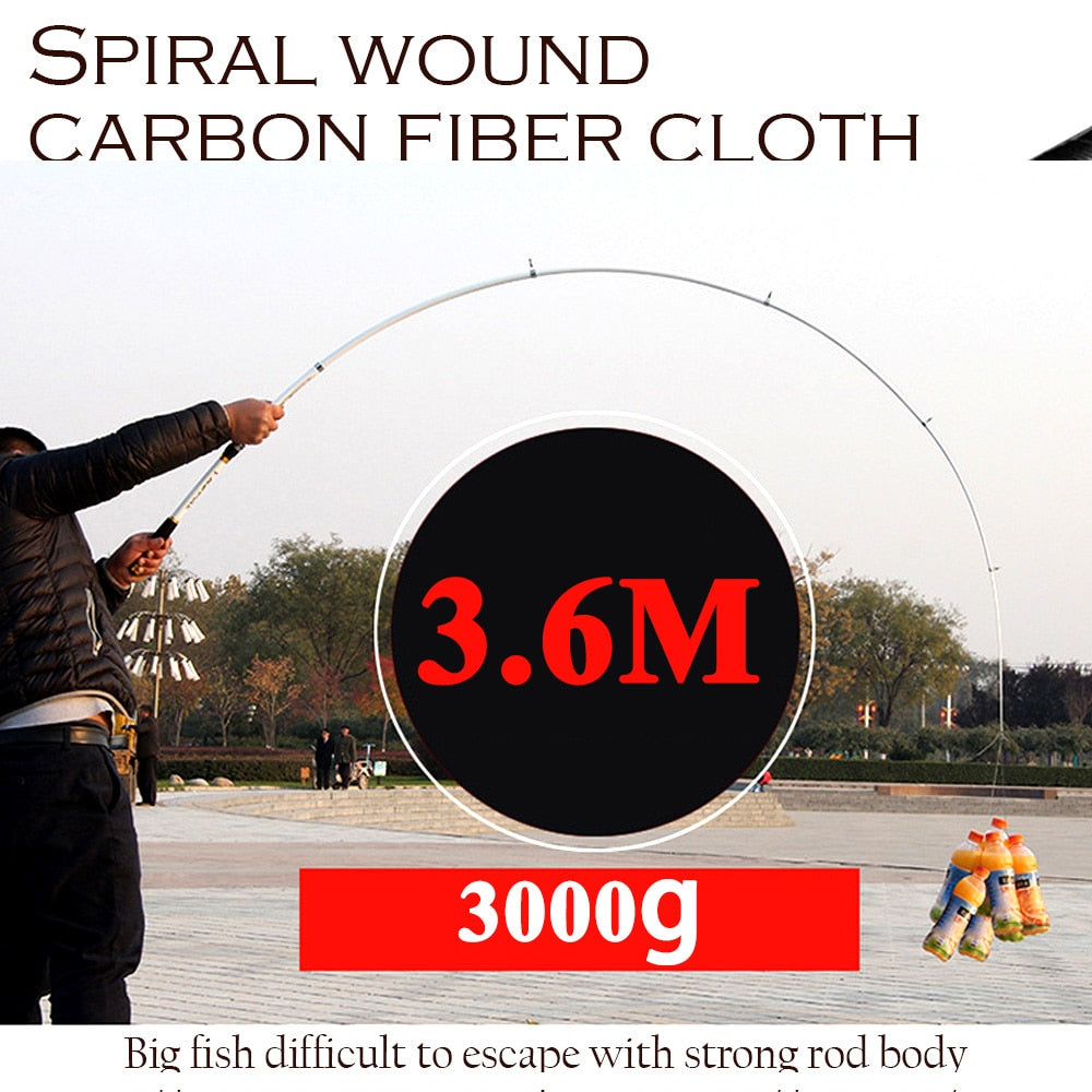 (e)- Ghotda - Vara de pesca - 2,1m-3,6m, com alimentador telescópica fibra de carbono dura FRP.