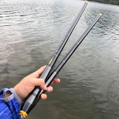 (e) - Ghotda  - vara de pesca de fibra de carbono telescópica pólo duro ultra-leve com 3,6m – 7,2m para água doce.